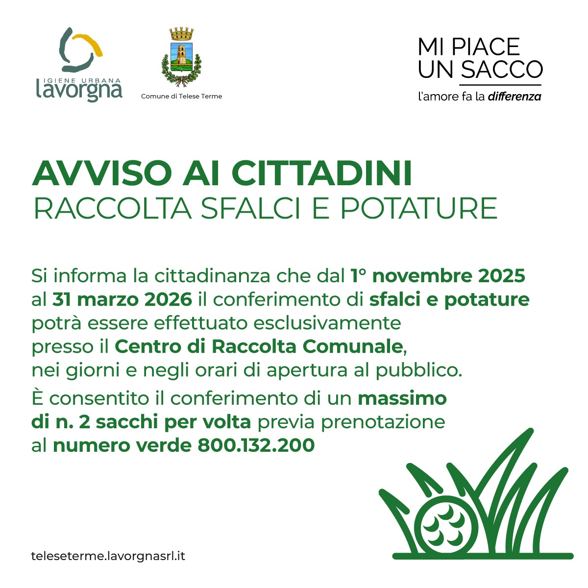 Avviso ai cittadini: raccolta sfalci e potature