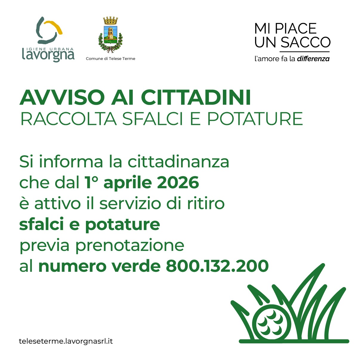 Avviso ai cittadini: raccolta sfalci e potature – Aprile 2026
